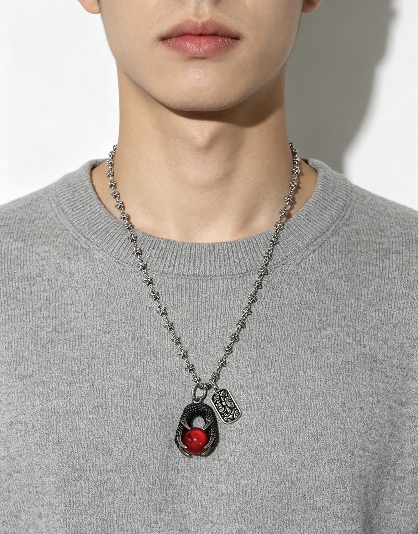 Chrome Hearts Silver Dragon Claw Red Crystal Necklace
